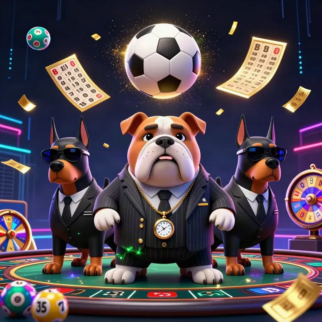 Bulldog mafia dan dua doberman, bola, kartu bingo, dan efek neon kasino meledak dramatis.