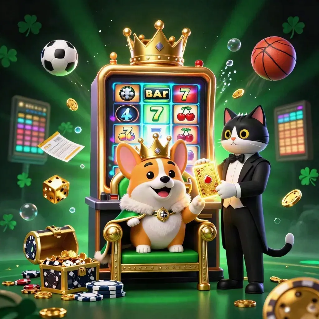 Kucing butler dan corgi raja di mesin slot, bola dan koin emas beterbangan.