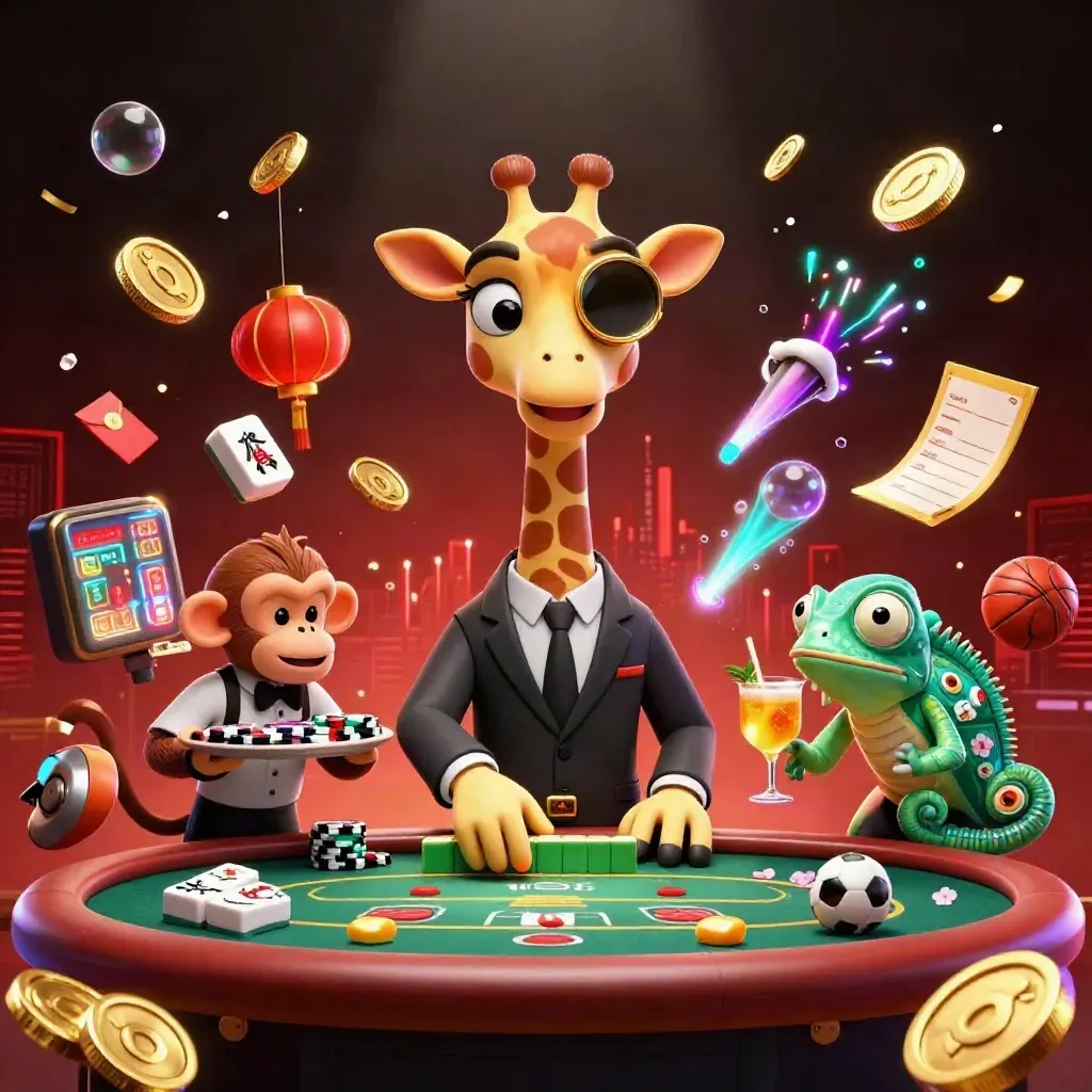 Giraffe jas, monyet valet, dan bartender bunglon di meja VIP dikelilingi koin dan kembang api mewah.